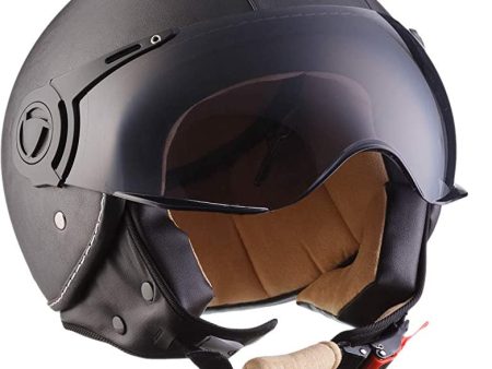 Moto H44 - Leather black - Casco Cuero Moto Demi-Jet con Visera Vespa Scooter Piloto Jet negro - M (57-58cm) Reacondicionado on Sale